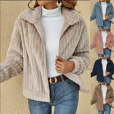 2024 Women's Blue Pit Plush Cardigan Jacket Lapel Short