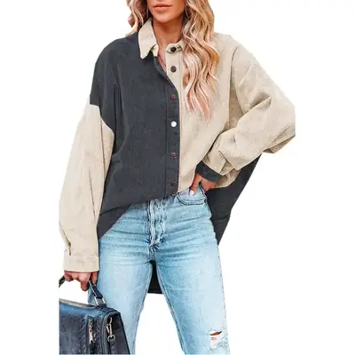 Women Off-Shoulder Corduroy Shirt Jacket Pink Blue Jeans