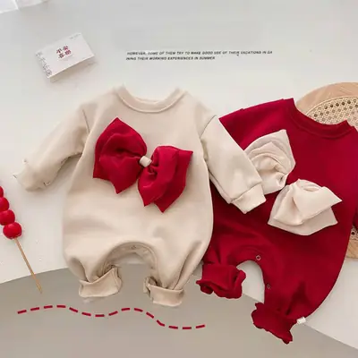 Korean Style Fleece Lined Baby Romper with Bow