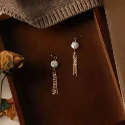 14K Gold Pearl Tassel Earrings for Women