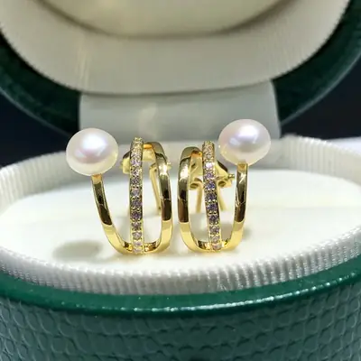 Women's Pearl Earrings Set Gold Plated Round Micro Pearl