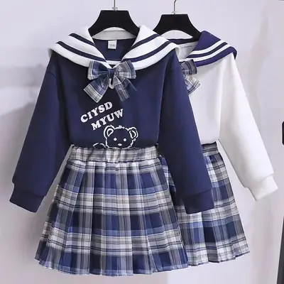 Girls' Navy Blue Plaid Skirt Suit with Bow