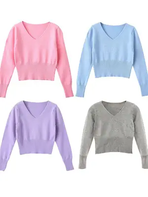 Girls Cotton V-Neck Sweaters Pink Blue Purple Grey