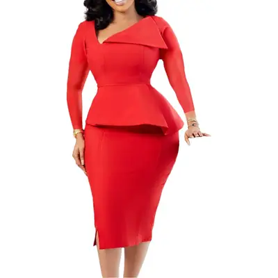 Yellow Slant Collar Long Sleeve Dress for Plus Size Women