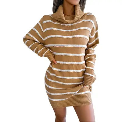 Women Striped Turtleneck Sweater Dress Casual Winter Wear