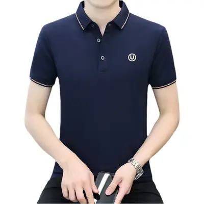 Men Navy Polo T-Shirt Short Sleeve Lapel Bottoming Casual