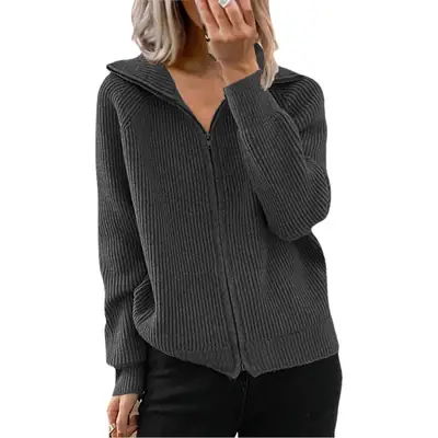 White Zipper Cardigan Mid-Length Striped Long Sleeve