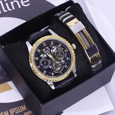Men's Luxury Chronograph Watch Set Gold Black