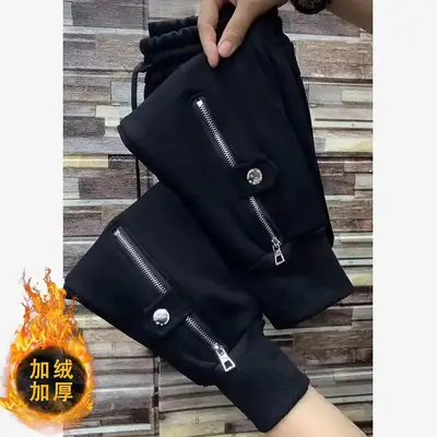 Women Fleece Zipper Pants Brown Thick Warm Winter Leg Pants