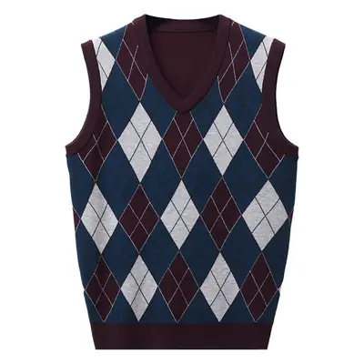 Men's Knitted V Neck Vest Maroon Blue Argyle
