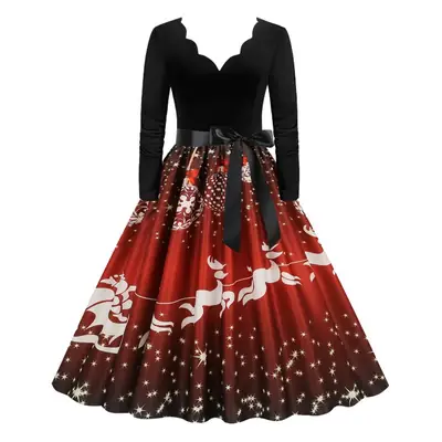 Red Burnt Flower Long Sleeve V-Neck Dress for Women
