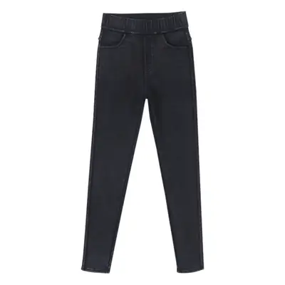Women Fleece Lined Thick High Waist Denim Leggings Black