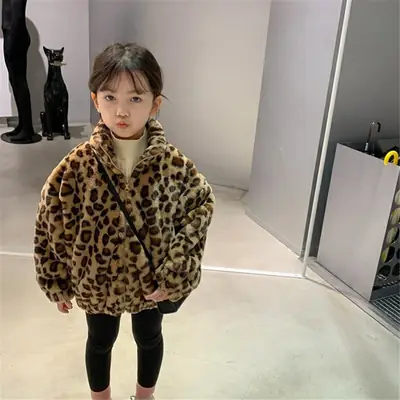 Girls Leopard Print Winter Coat Korean Style Thick Warm Woolen