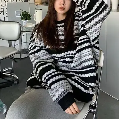 Women Black White Striped Knitted Sweater Long Sleeve