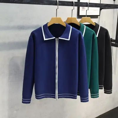 Men Green Zipper Cardigan Sweater Set with Jeans