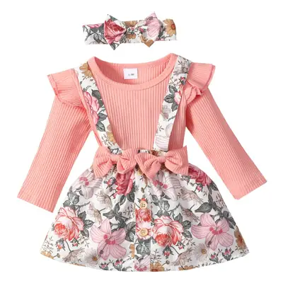 Pink Baby Dress Set with Bow Strap & Floral Pants