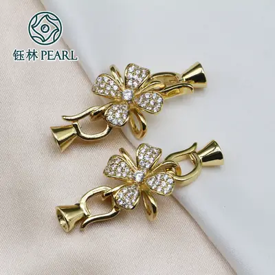 14K Gold Zircon Four Leaf Flower Bracelet with Double Buckle