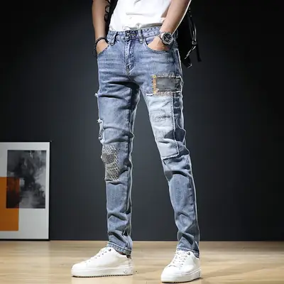 Men Slim Fit Ripped Jeans Light Blue Casual Wear