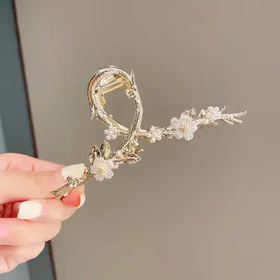 Gold Shark Hair Clip with Pearl & Crystal Detail
