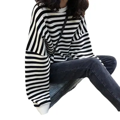 Women Striped Long Sleeve Sweatshirt Loose Slimming