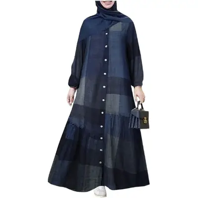 Wine Red Plaid Long Sleeve Muslim Dress for Women
