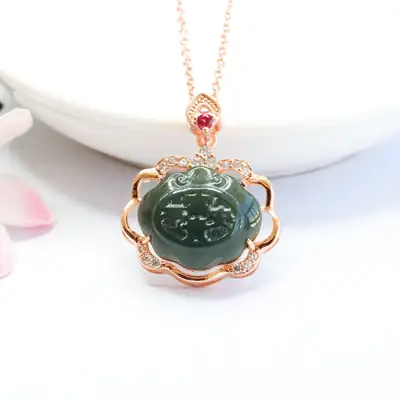 Guan Yu Jade Pendant Necklace with Red Stone