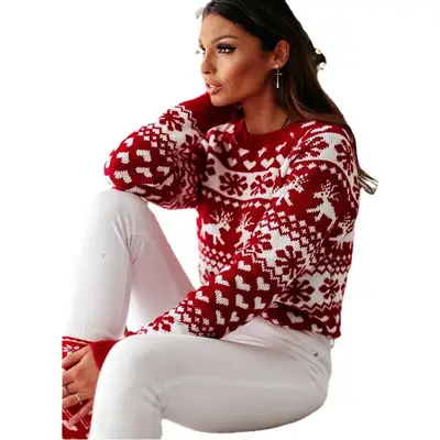 2022 Red White Knitted Women's Christmas Sweater Set