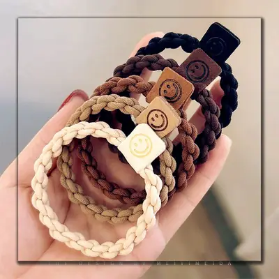 Wooden Button Hair Rope Band for Women Brown Cream