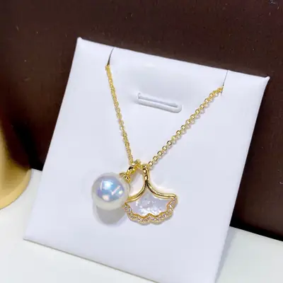 Gold Pearl Crossbody Necklace with Mother Shell Design