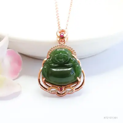 Guan Yu Jade Buddha Necklace with Rose Gold Chain