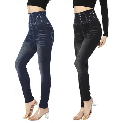 Women High-Elastic Tight-Fitting Leggings Buttoned Denim Large