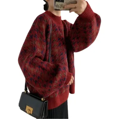 Women Houndstooth Sweater Dark Green Warm Loose Knit