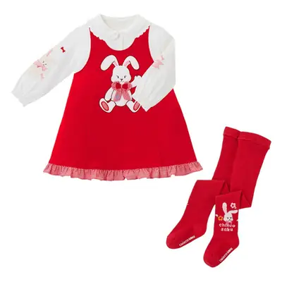 Girls Cotton Socks Chic Saku Bunny Embroidered Red White