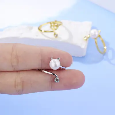 Gold Cat Design Pearl Adjustable Ring for Women
