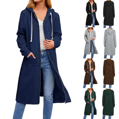 2022 Women's Long Hoodie Jacket Navy Blue Zipper Casual Winter