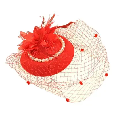 Red Net Cheongsam Hat with Pearl Beads for Women