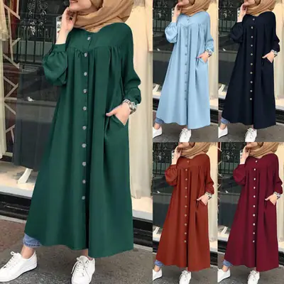 Green Long Sleeve Muslim Women's Robe Dress with Pocket