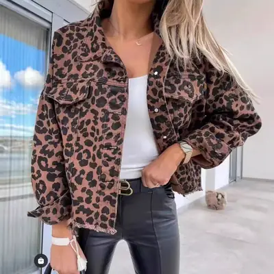 Leopard Print Long Sleeve Denim Jacket Top