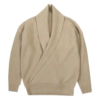 Men V-Neck Knitted Sweater Jacket Large Beige