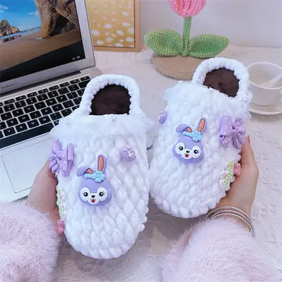 Women's Yellow Wool Crochet Slipper with Rabbit Design