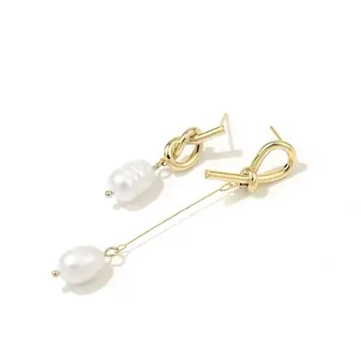 Feminine Natural Pearl Knotted Earrings Gold Plated