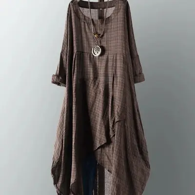 New Cross Border Irregular Hem Plaid Pullover Dress