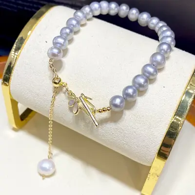 Natural Gray Pearl Bracelet 18K Gold Adjustable