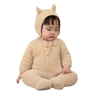 Baby Bear Hooded Mink Fur Foot Jumpsuit Brown