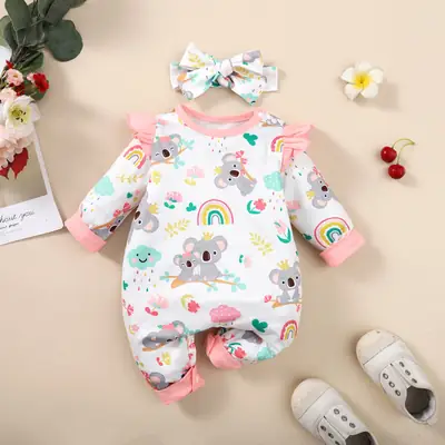 Cute Koala Printed Baby One-Piece Set Pink Bow
