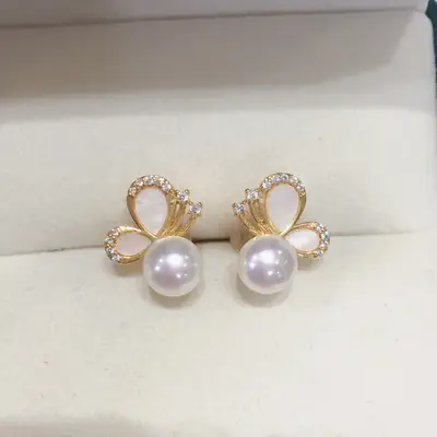 Small Butterfly Pearl Earrings for Women 18K Gold