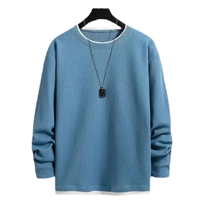 Men's White Waffle Fleece Sweatshirt Round Neck Loose Fit