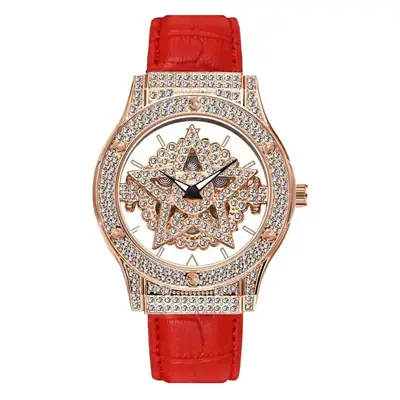 Diamond-Embedded Hollow Starry Watch with White Leather Strap