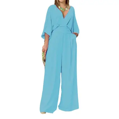 2025 White Wide Leg V Neck Plus Size Jumpsuit