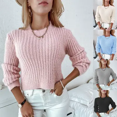 Blue Knitted Women's Pullover Sweater for Winter